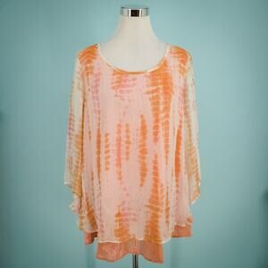 Soft Surroundings Size Large L Lisette Pink Orange Tie Dye Floral Layered Top